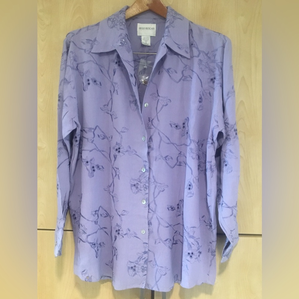 NWT Hugo Buscati Women Lavender Embroidered Floral Button-Up Blouse